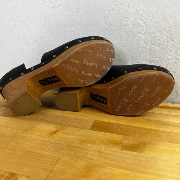 Korks Arielle Kork Ease Black Leather Wood Heel Clogs D'Orsay Shoes Size 9 - Picture 8 of 10